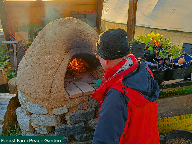 Man cooking in a pizza oven