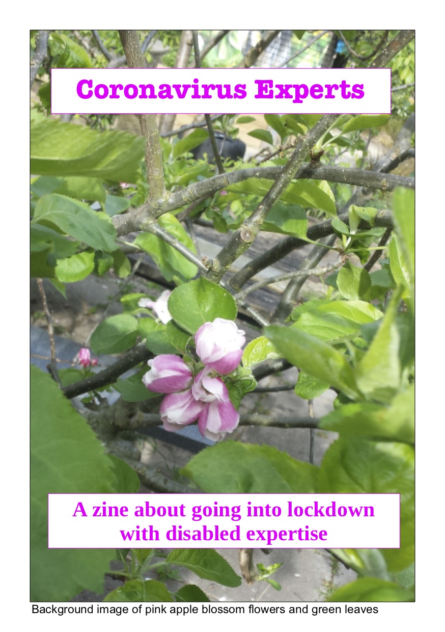 Coronavirus experts zine cover. Background image of pink apple blossom flowers and green leaves